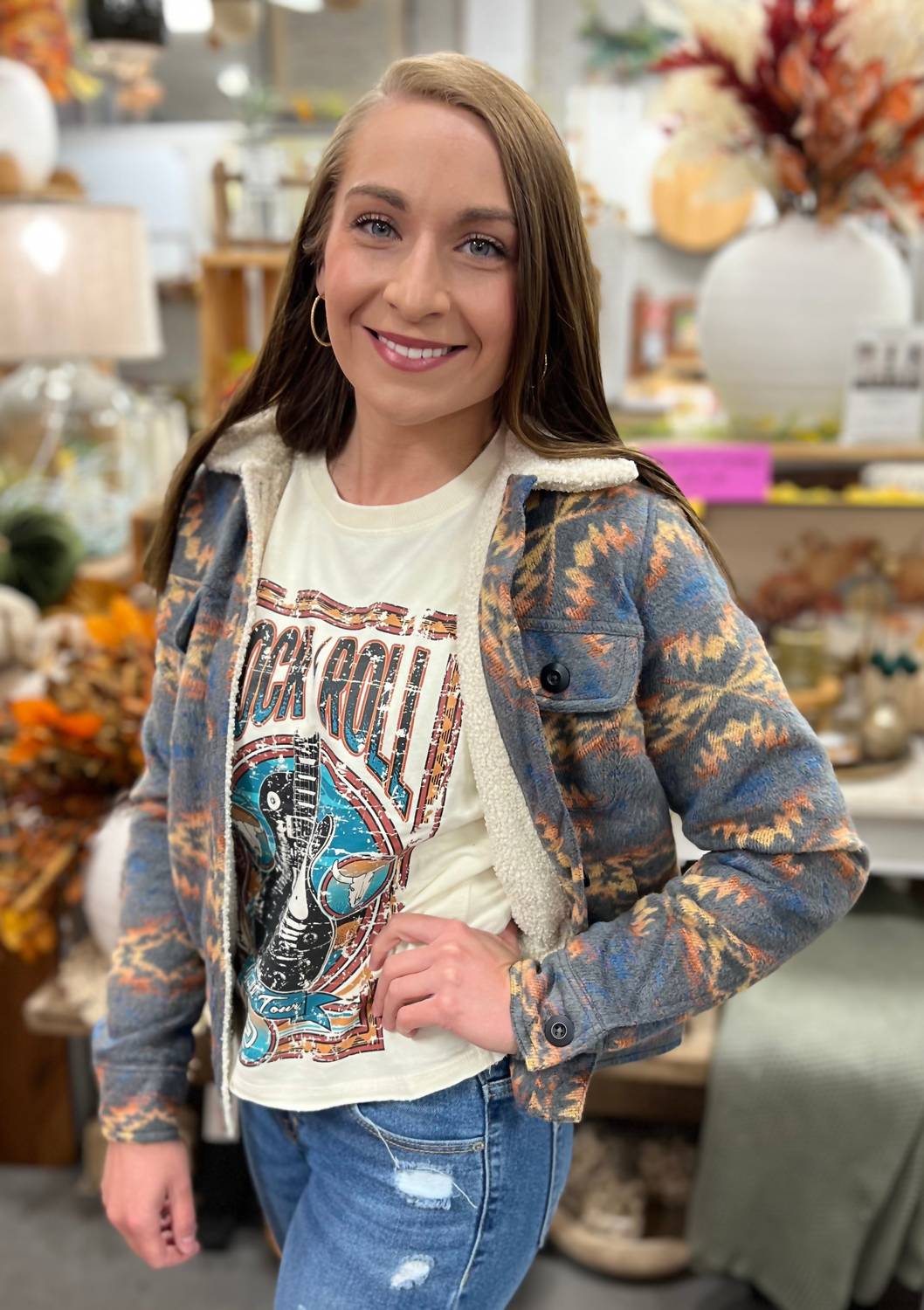 Rock & Roll Denim - Women's Aztec Short Pockets Sherpa Jacket