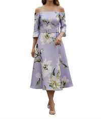 Frascara - Off The Shoulder Floral Belted Midi Dress