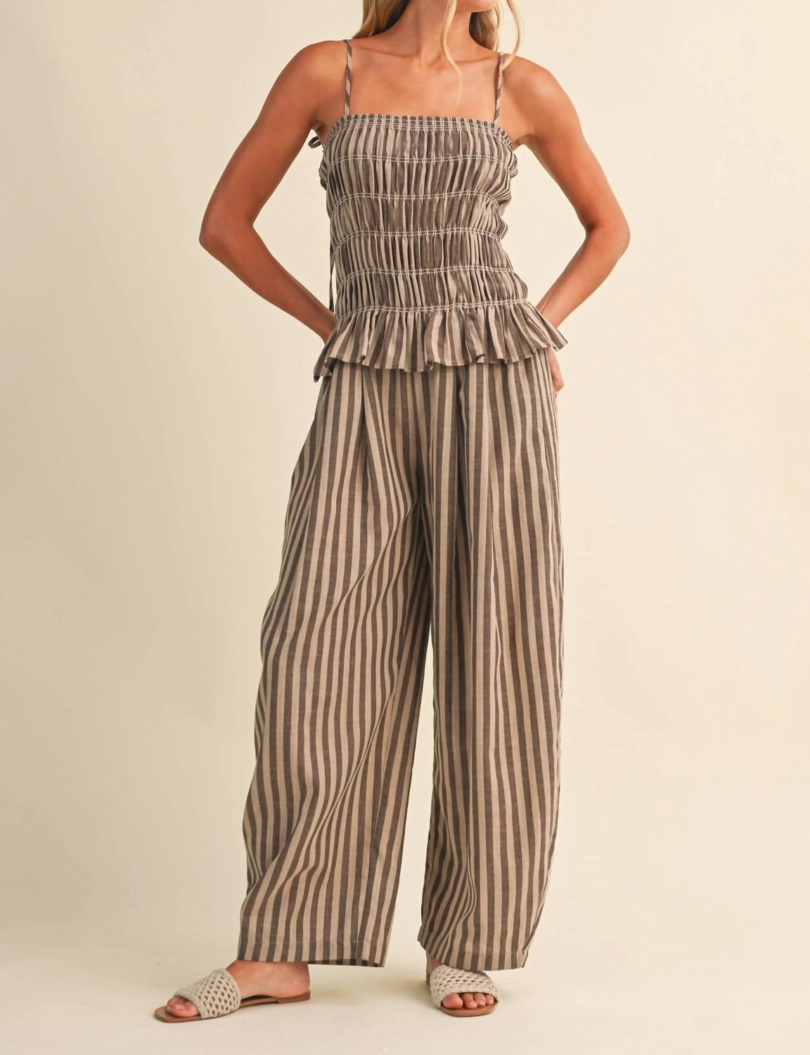 Klesis - Striped Ruffled Hem Wide Leg Jumpsuit