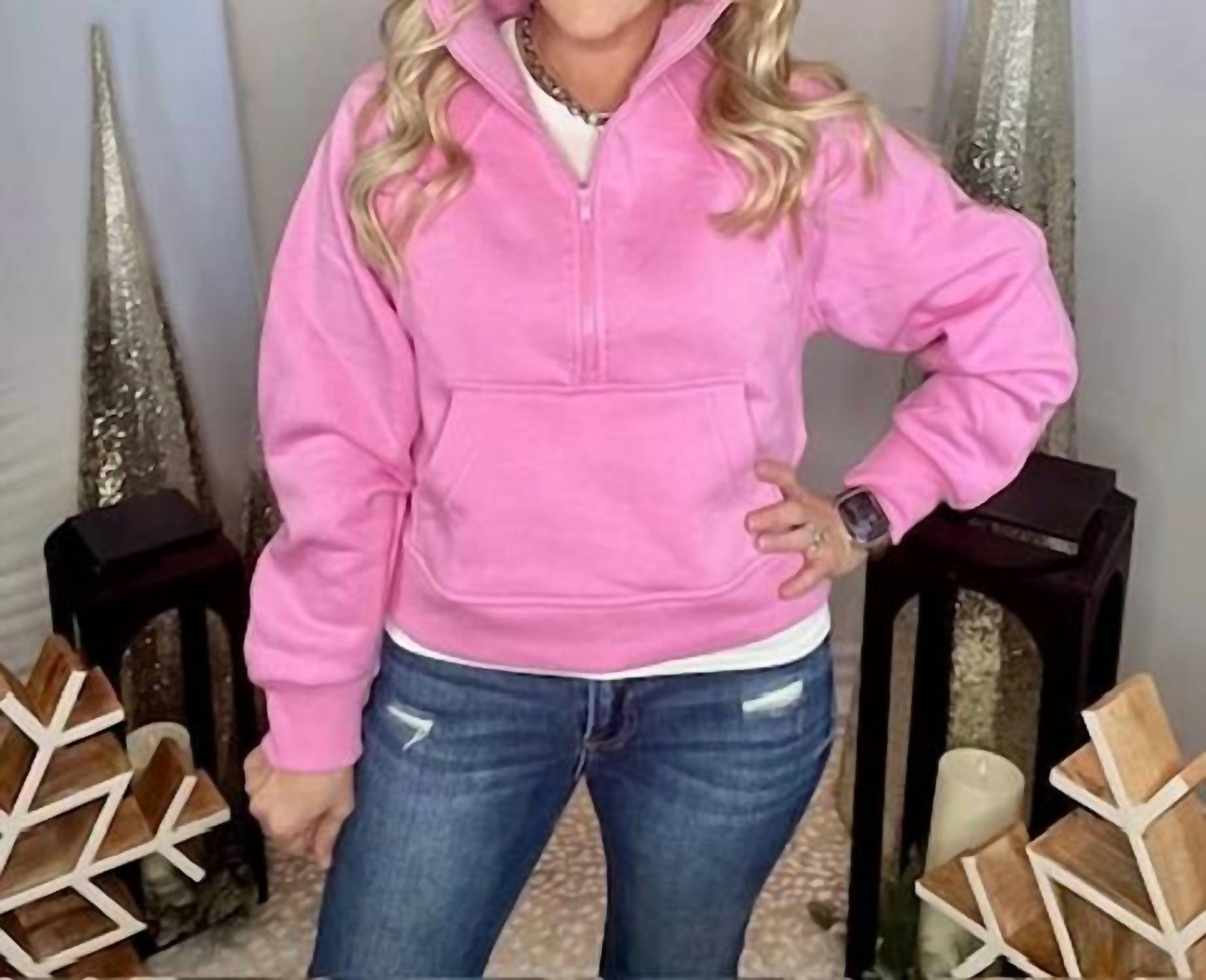 Zenana - Fleece Half Zip Kangaroo Pocket Sweatshirt