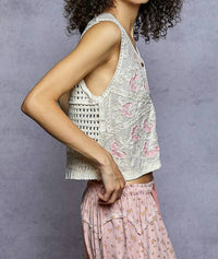 Pol - Fernanda Boho Prairie Lillies Embroidery Button Down Vest Top