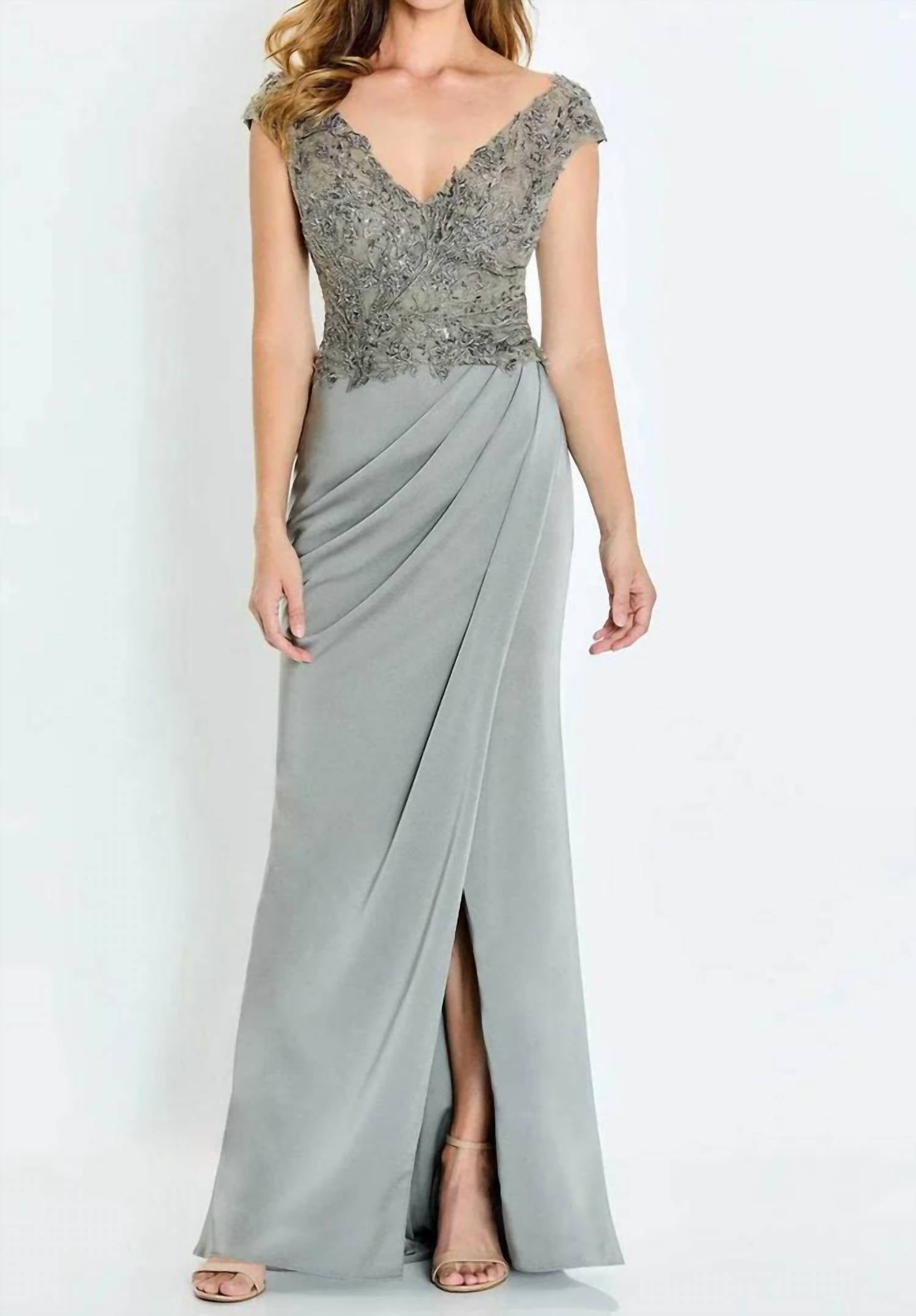 Montage By Mon Cheri - Cap Sleeve Evening Gown with Slit