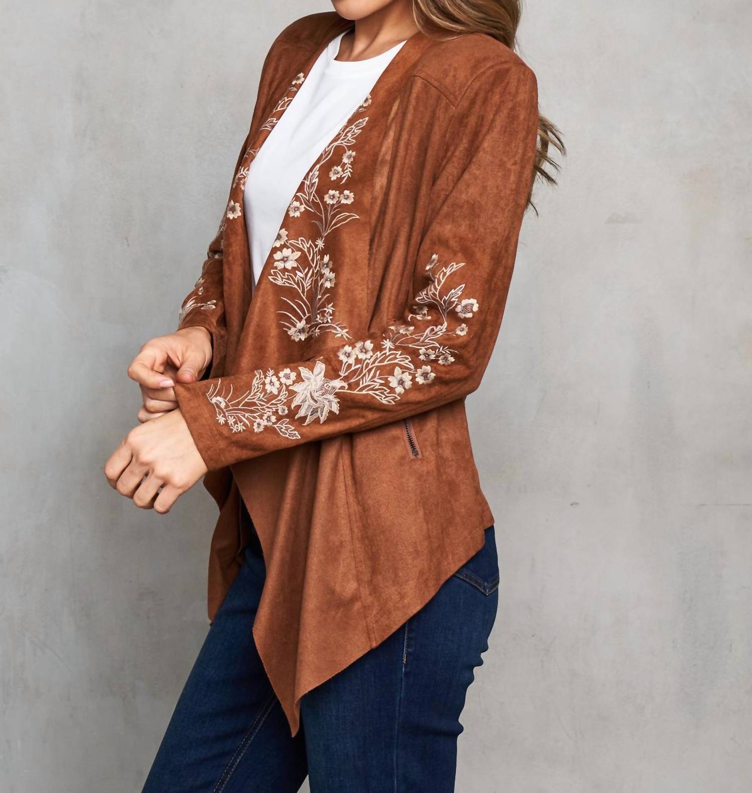Paparazzi - Faux Suede Embroidered Open Front Short Jacket
