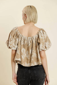 Aureum Olivia Puff Short Sleeve Top in beige - women's blouse - detail view