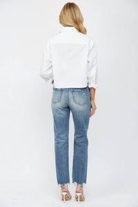 Mica Denim - Button Up High Rise Straight Leg Distressed Jeans