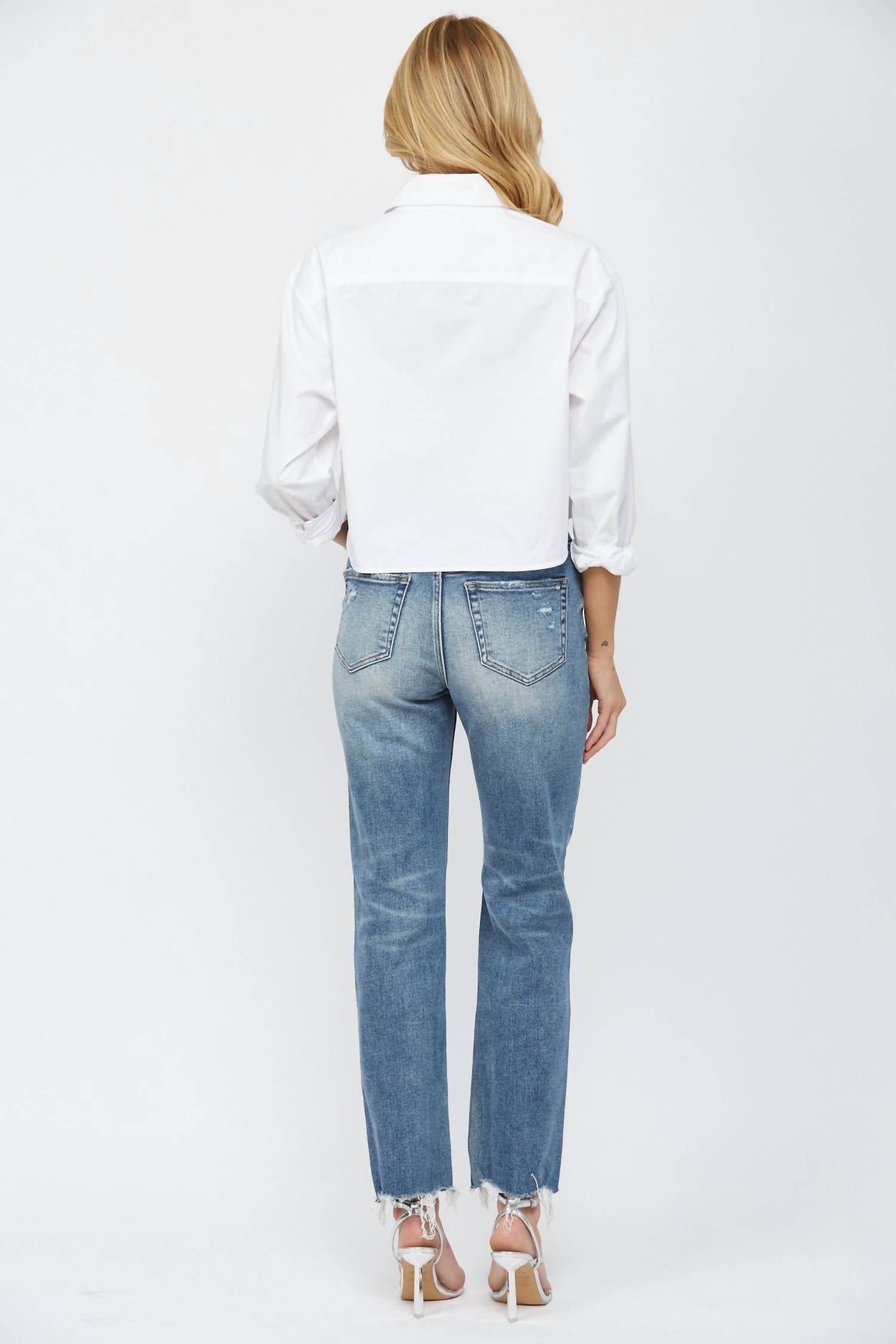 Mica Denim - Button Up High Rise Straight Leg Distressed Jeans
