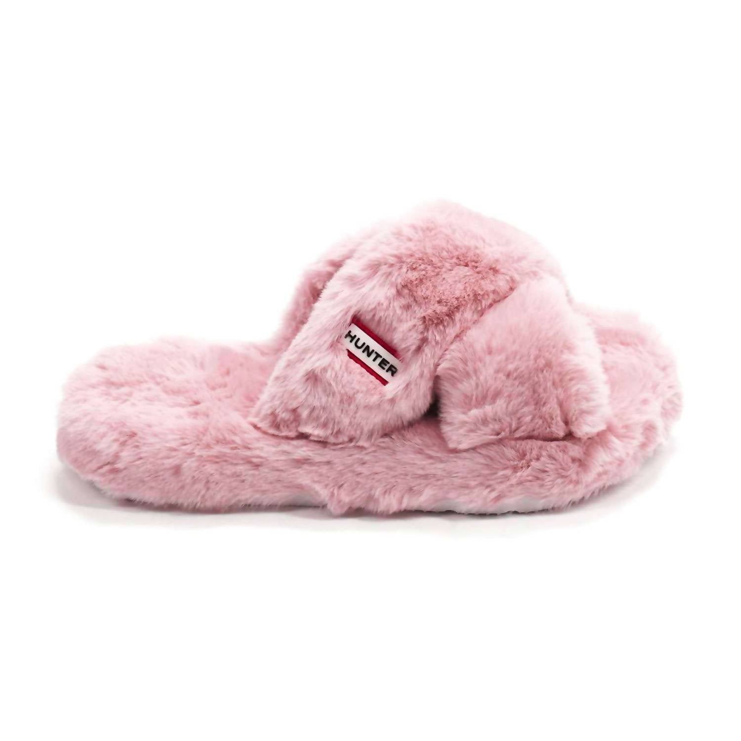 HUNTER Women's Faux Fur Flatform Crossover Slides in azalea pink - women's shoe - alternate view