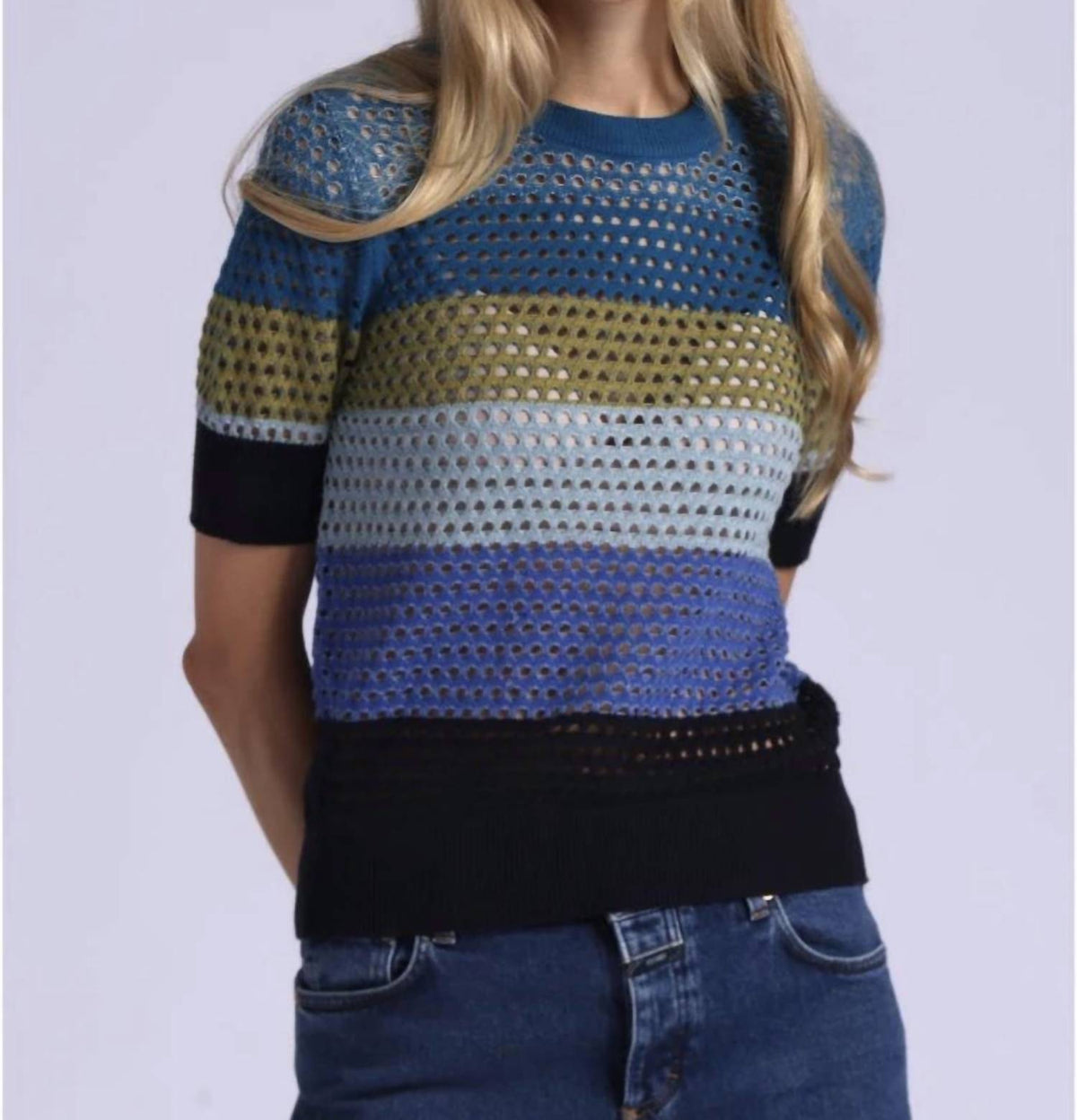 Minnie Rose - Plaited Mesh Stripe Short Sleeve Crew Top