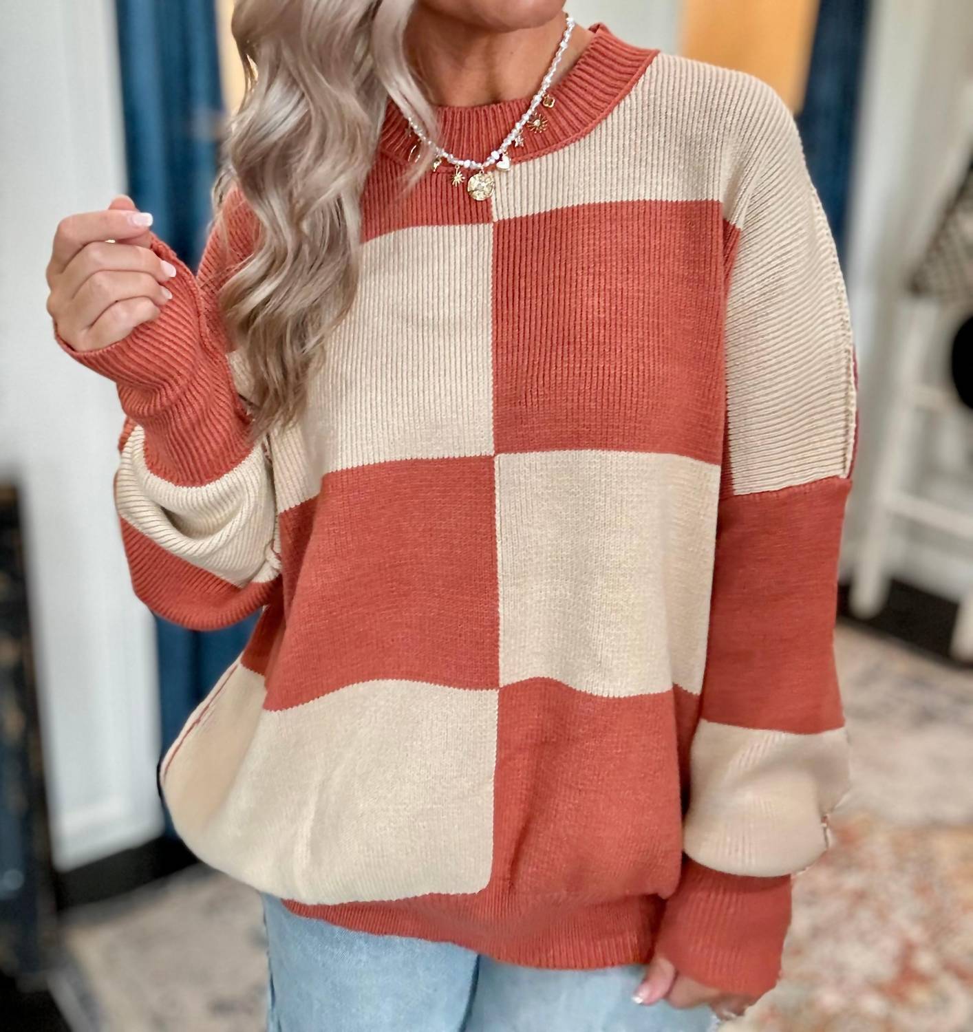 ee:some Checker Print Oversized Sweater in clay - women's sweater