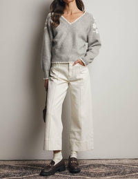 Forte - Floral Applique V-Neck Sweater