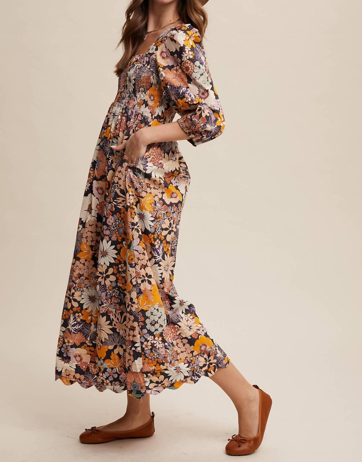 Listicle - Floral Smocked Puff Sleeve Maxi Dress