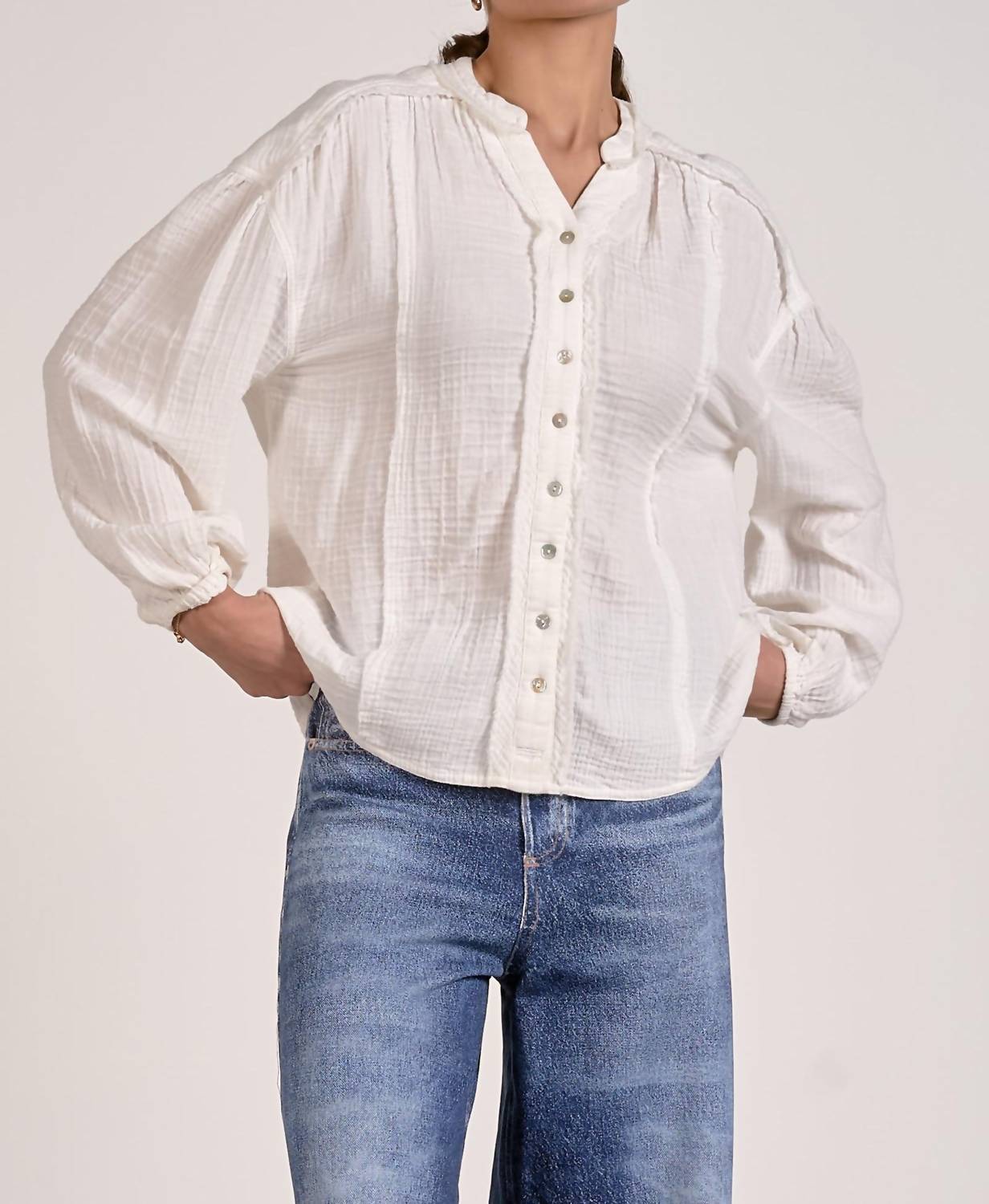 ELAN Gauze Button Up Shirt in white - women's shirt