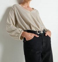 Nation LTD Savanna Shirred Top in espresso pinstripe - women's long sleeve top - detail view