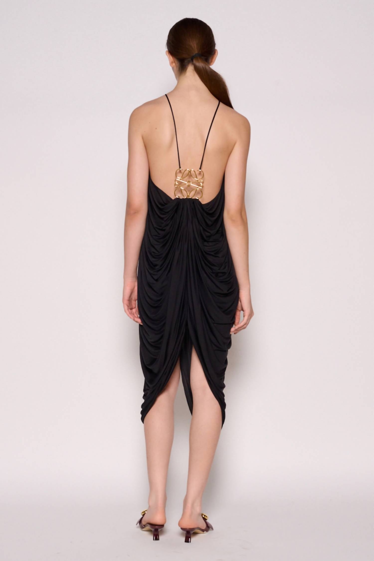 Loewe Embellished Draped Silk Halterneck Midi Dress With Large Logo Back in black - women's dress - alternate view