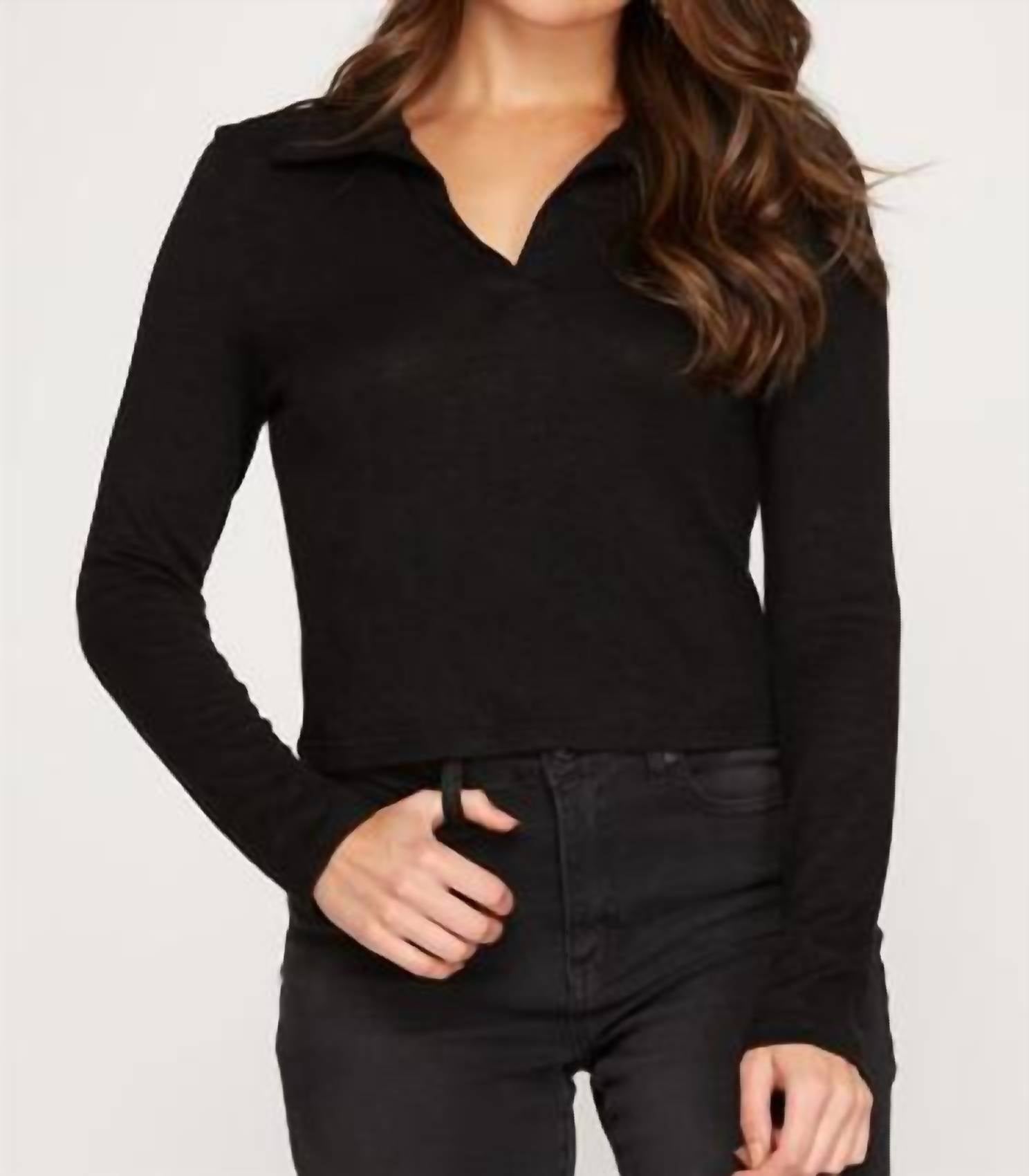 She + Sky - Long Sleeve Knit Collared Polo Shirt