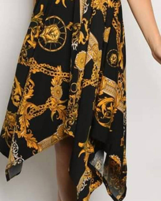 Cefian - Baroque Print Handkerchief Hem Halter Dress