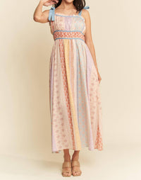 Davi & Dani - Denim Contrast Ruffle Trim Striped Midi Dress