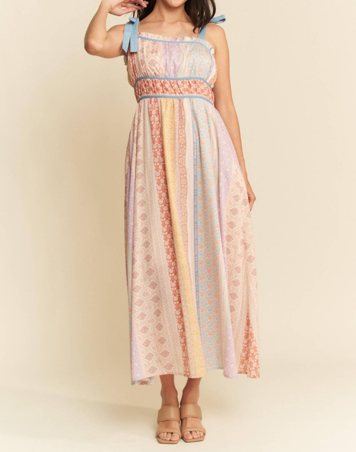 Davi & Dani - Denim Contrast Ruffle Trim Striped Midi Dress