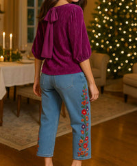 TRU LUXE Crinkle Velvet Top in plum - women's blouse - alternate view
