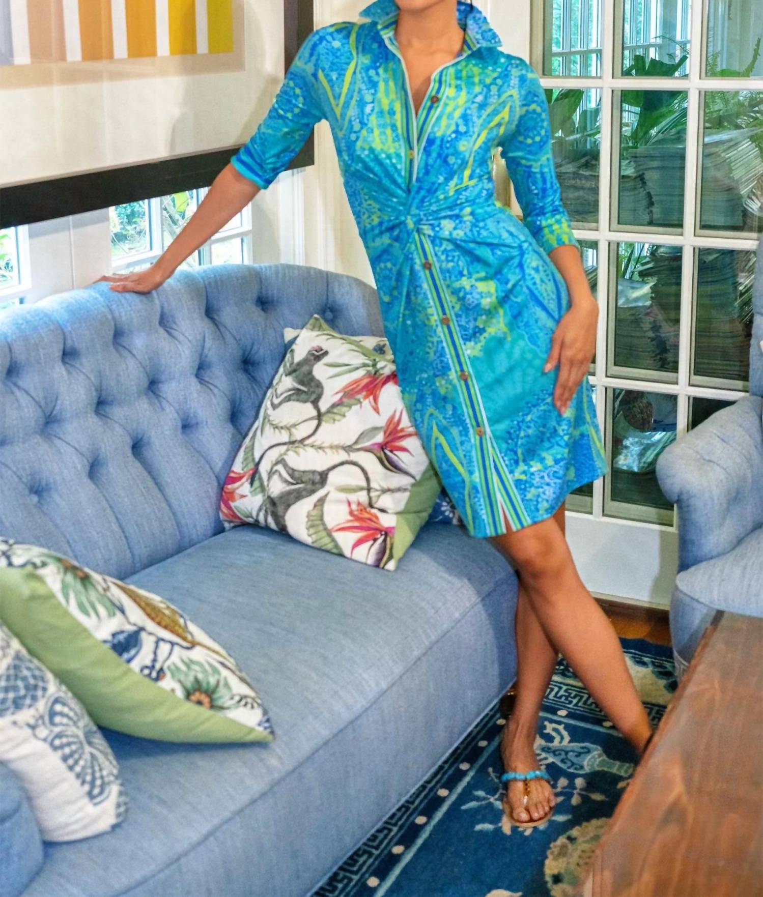 GRETCHEN SCOTT Twist & Shout Grand Bazaar Dress in aqua perwinkle lime - women's dress