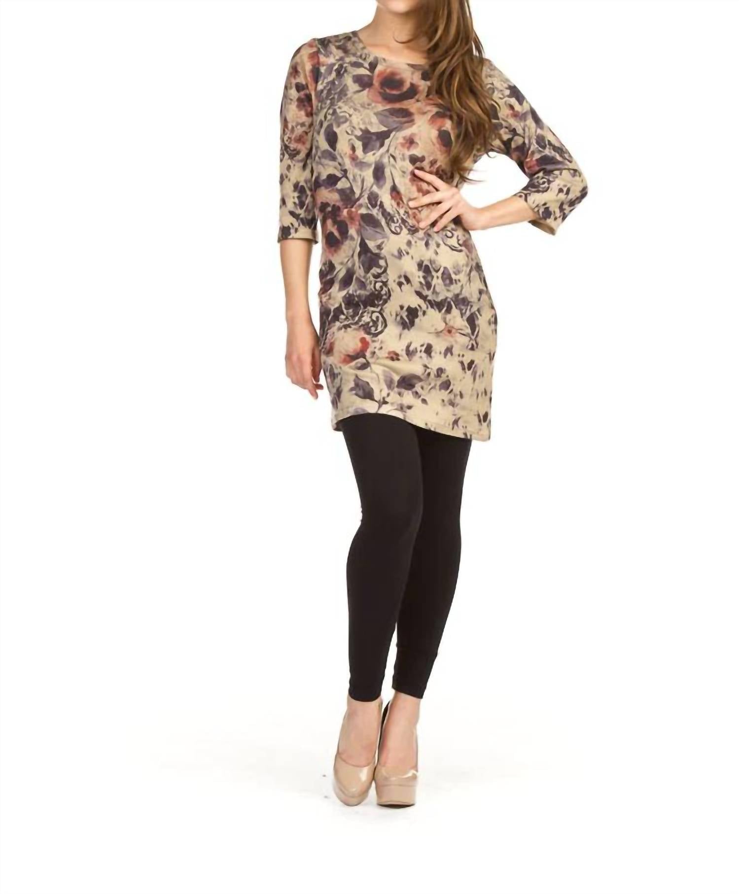 Papillon - Watercolor Floral Print 3/4 Sleeve Sweater Dress