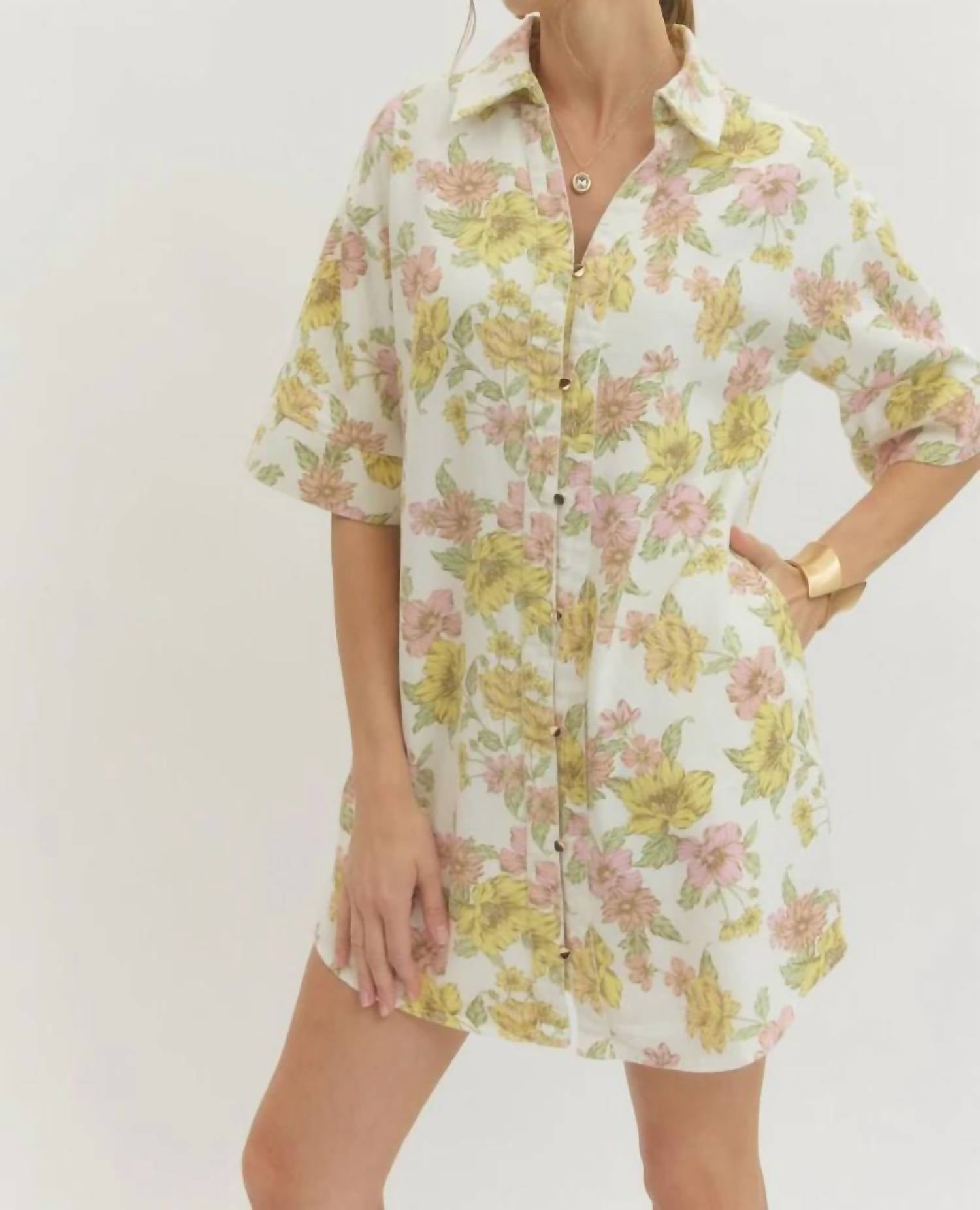 entro Floral Button Up Mini Dress in multi - women's dress - detail view