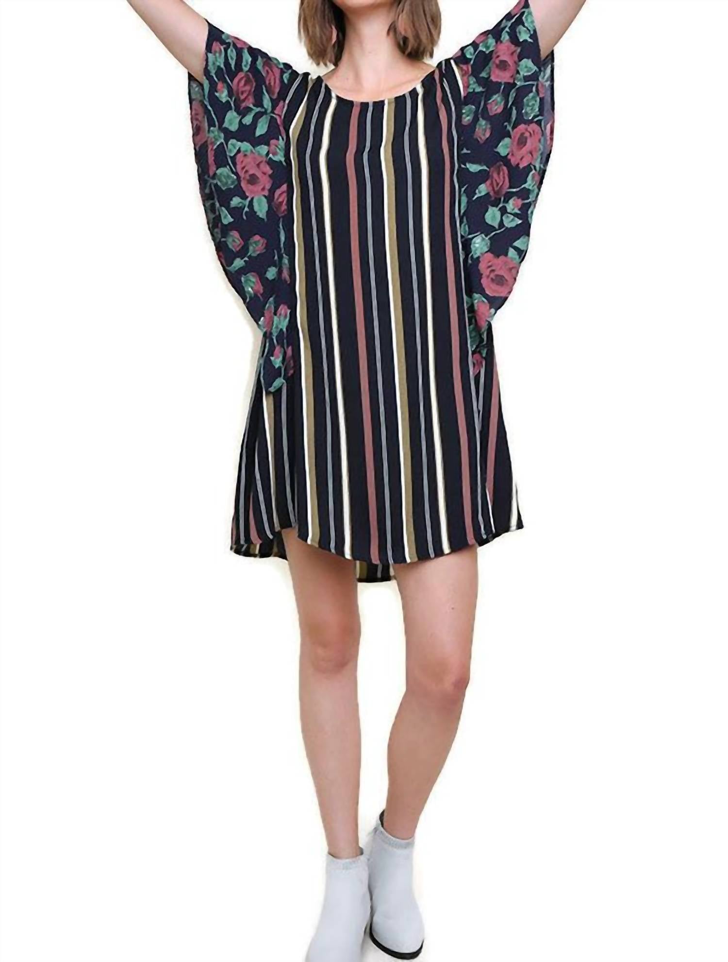 Umgee - Striped & Floral Ruffle Sleeve Dress