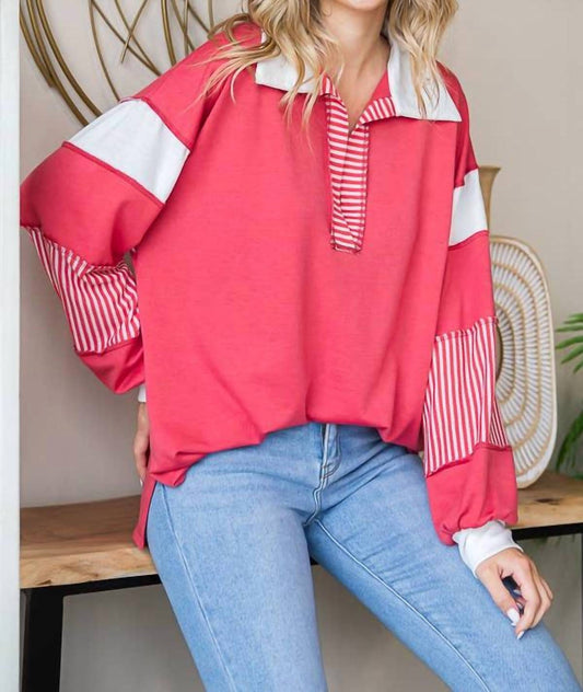 7Th Ray - Color Block Collar Oversized Long Sleeve Top