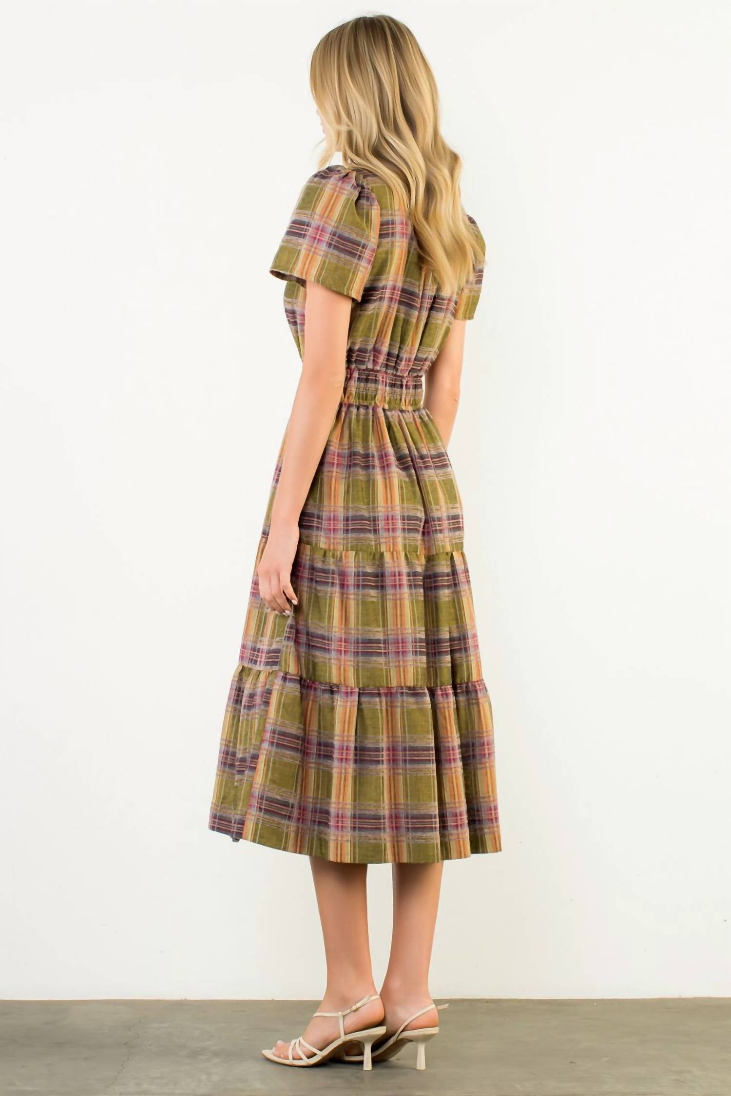 THML Nadyia Plaid Dress in olive - women's dress - detail view