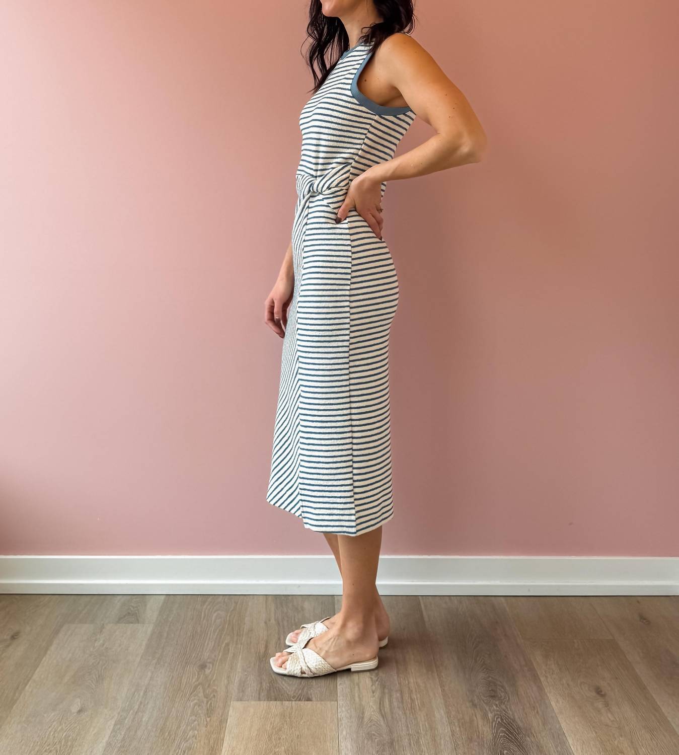 SAGE THE LABEL Baby Bud Striped Midi Dress in blue ivory - women's dress