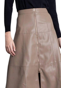 Karina Grimaldi Faux Leather Midi Skirt in taupe - women's skirt - detail view