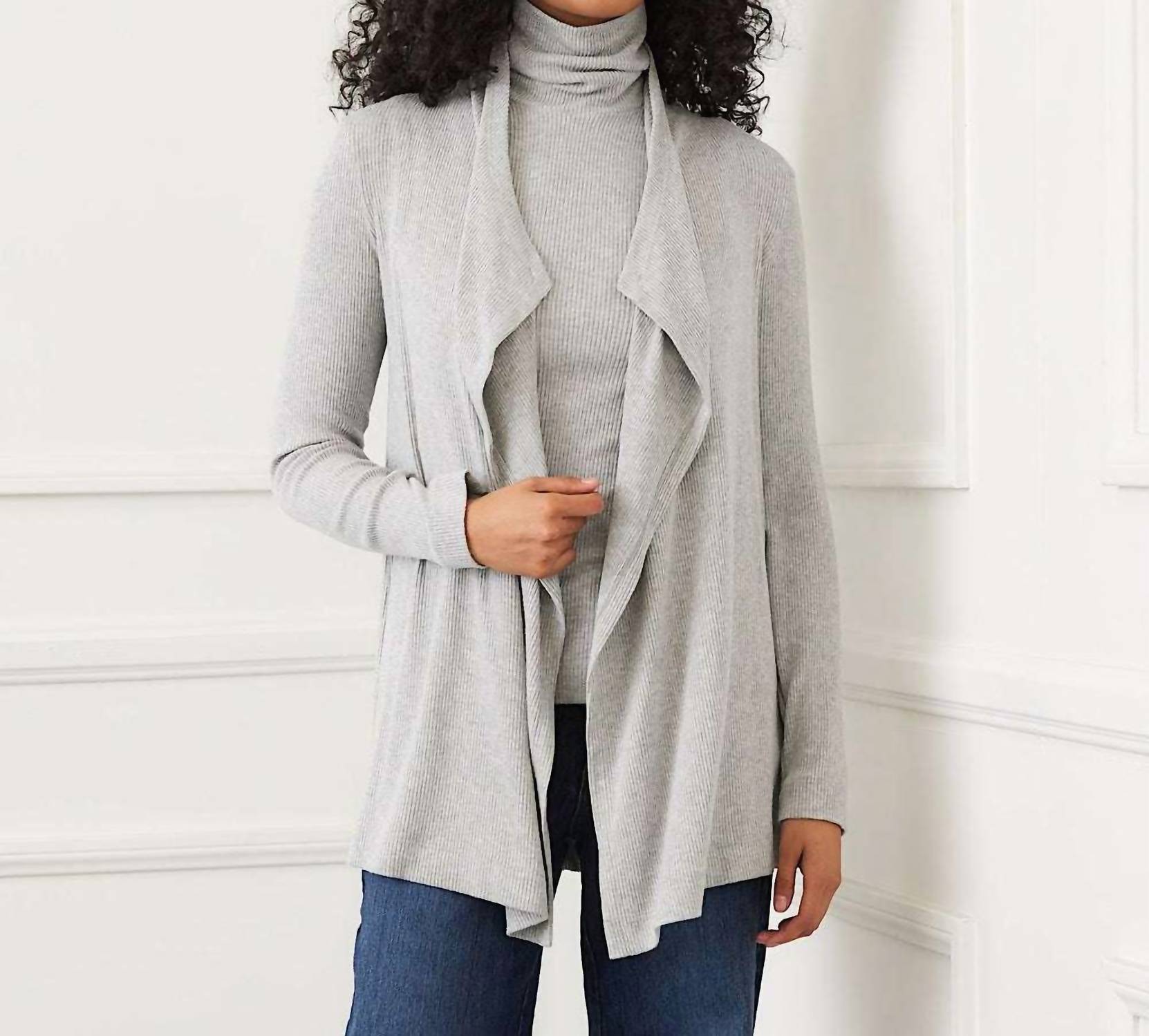Karen Kane Long Sleeve Ribbed Drape Front Cardigan in heather gray - women's cardigan - view 4