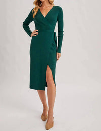 Bluivy - Ribbed Knit V-neck Wrapped Midi Dress