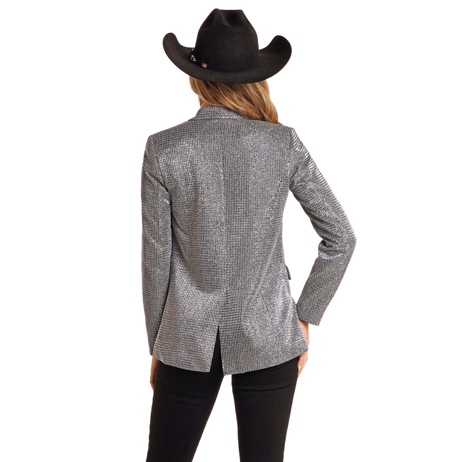 Rock & Roll Denim Metallic Rhinestone Blazer in silver - women's jacket - detail view