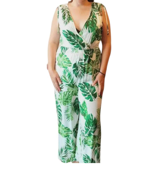 En Creme - Women's Tropical Leaf Print Jumpsuit