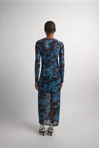 Ganni - Printed Mesh O-neck Ruched Long Dress