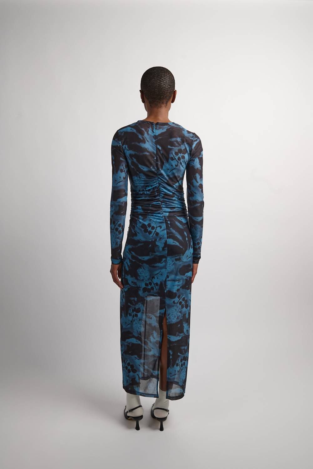 Ganni - Printed Mesh O-neck Ruched Long Dress