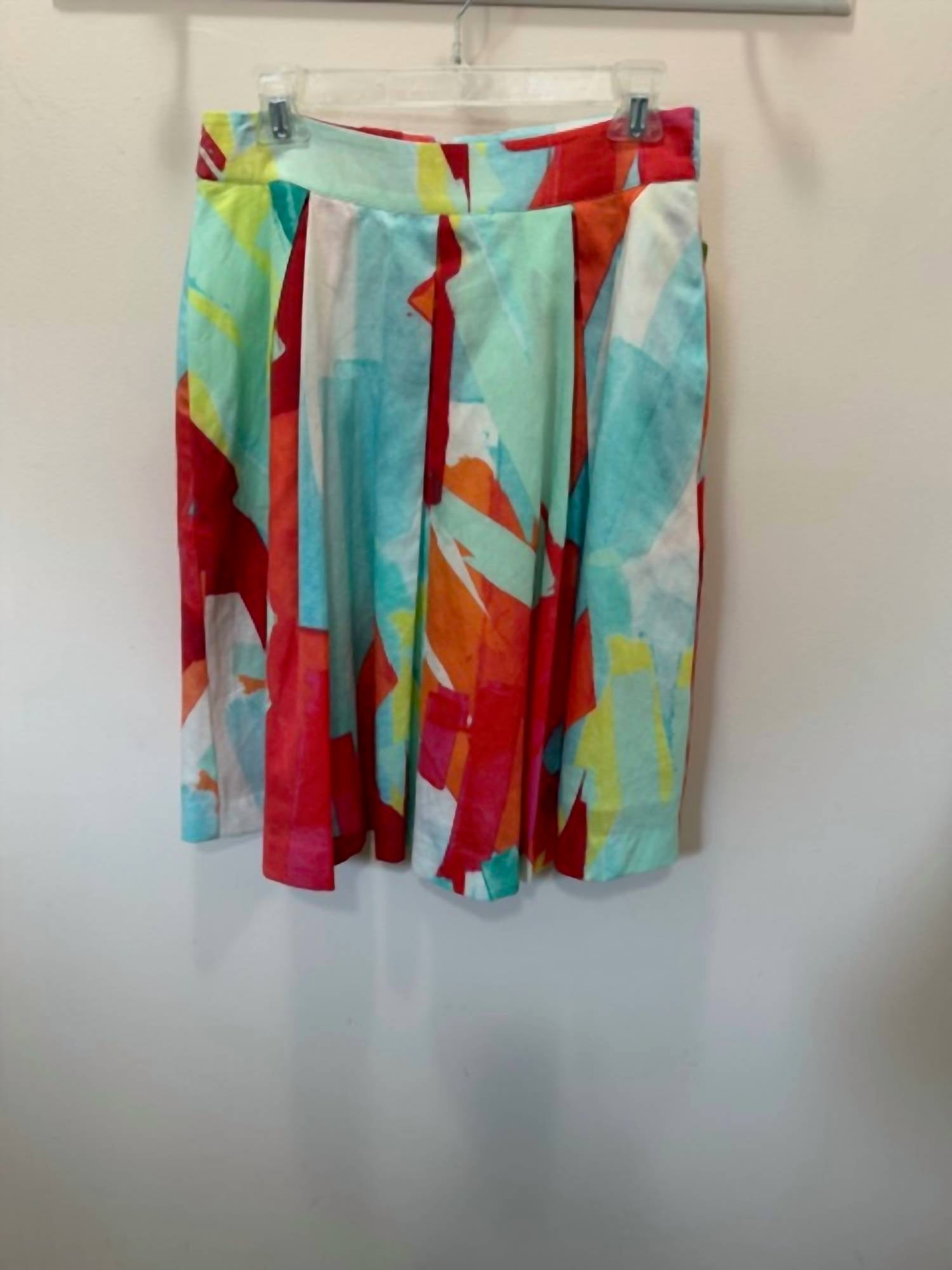 6 by Six Women's Brushstroke Inverted Pleat Cotton Skirt in aqua orange lime - women's skirt
