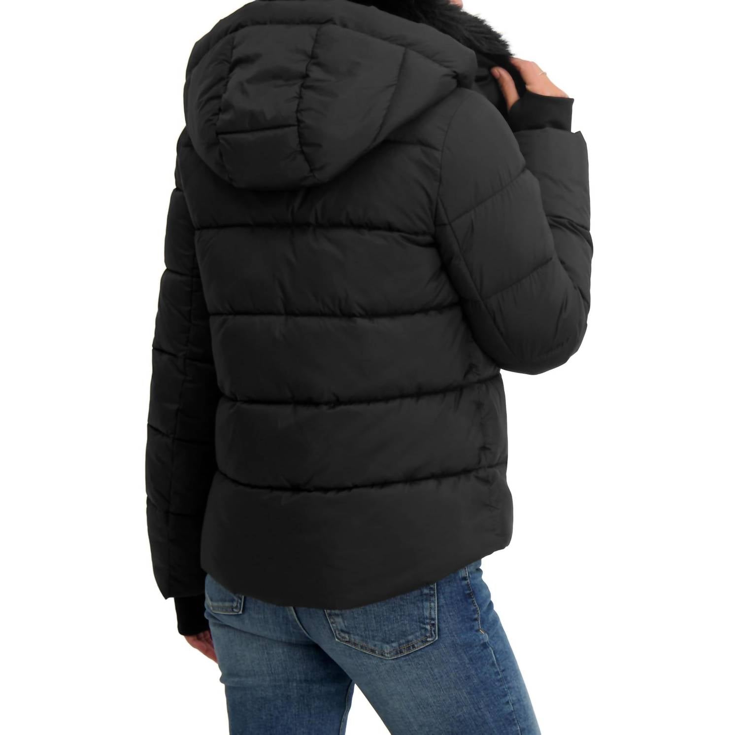 Tahari - Short Quilted Puffer Jacket With Faux Fur Collar & Detachable Hood