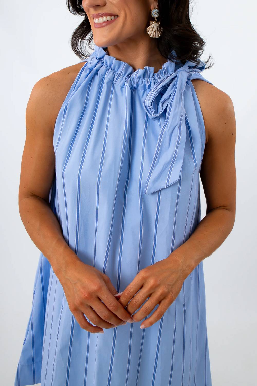 Glam - Poplin Pinstripe Tie Neck Dress