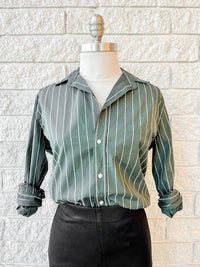 Frank & Eileen Women's Eileen Relaxed Button Up Shirt in green white textured stripe - women's shirt