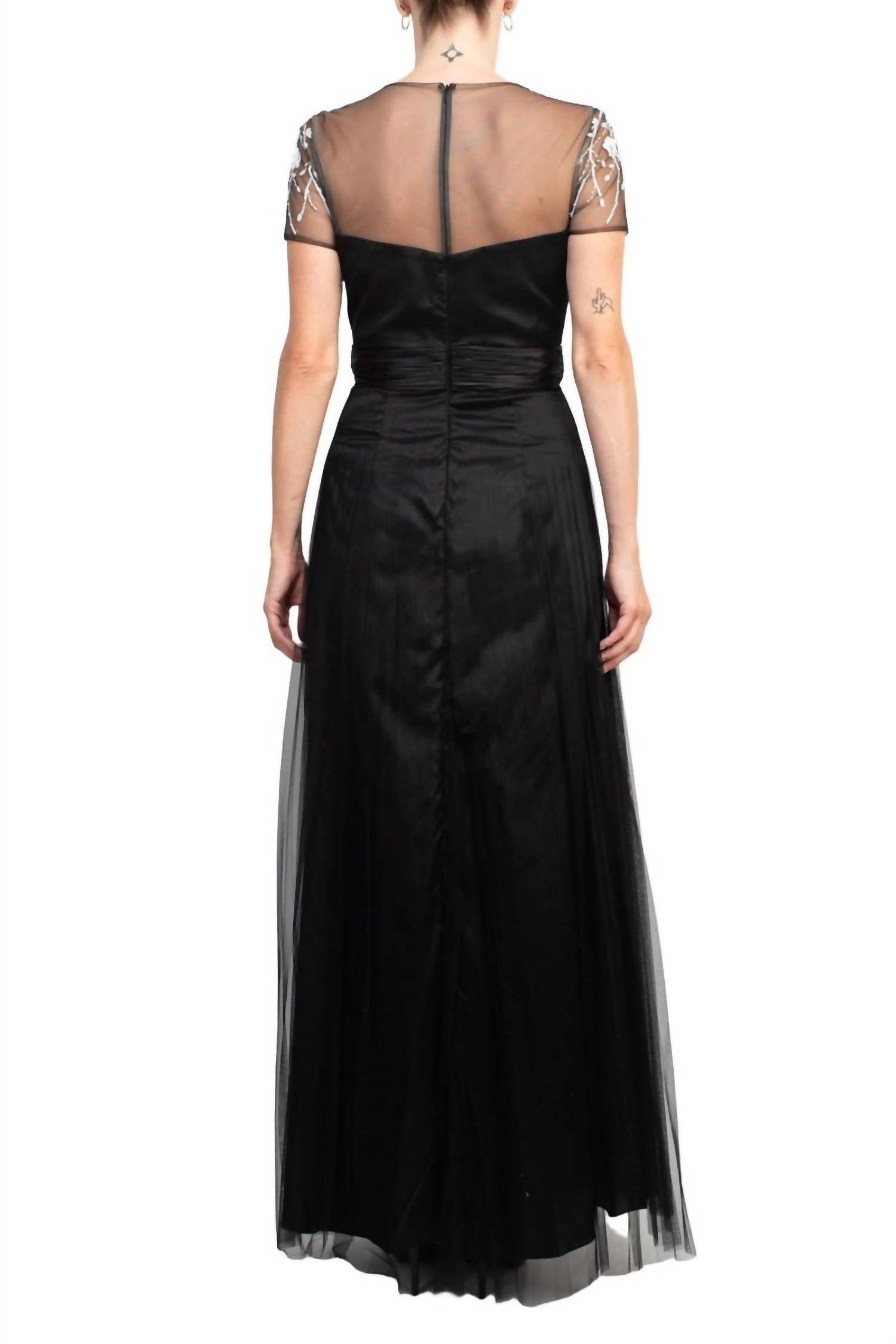 Js Collections - Crew Neck Short Sleeve Embellished Mesh Dress