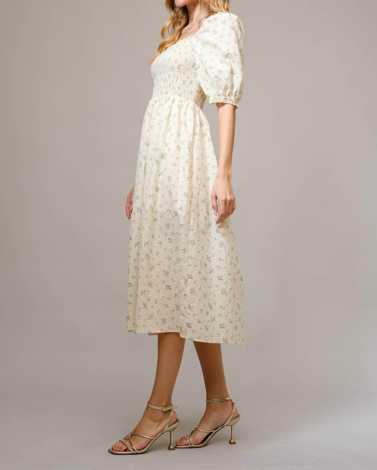 Blue B - Ditsy Floral Smocked Square Neck Midi Dress