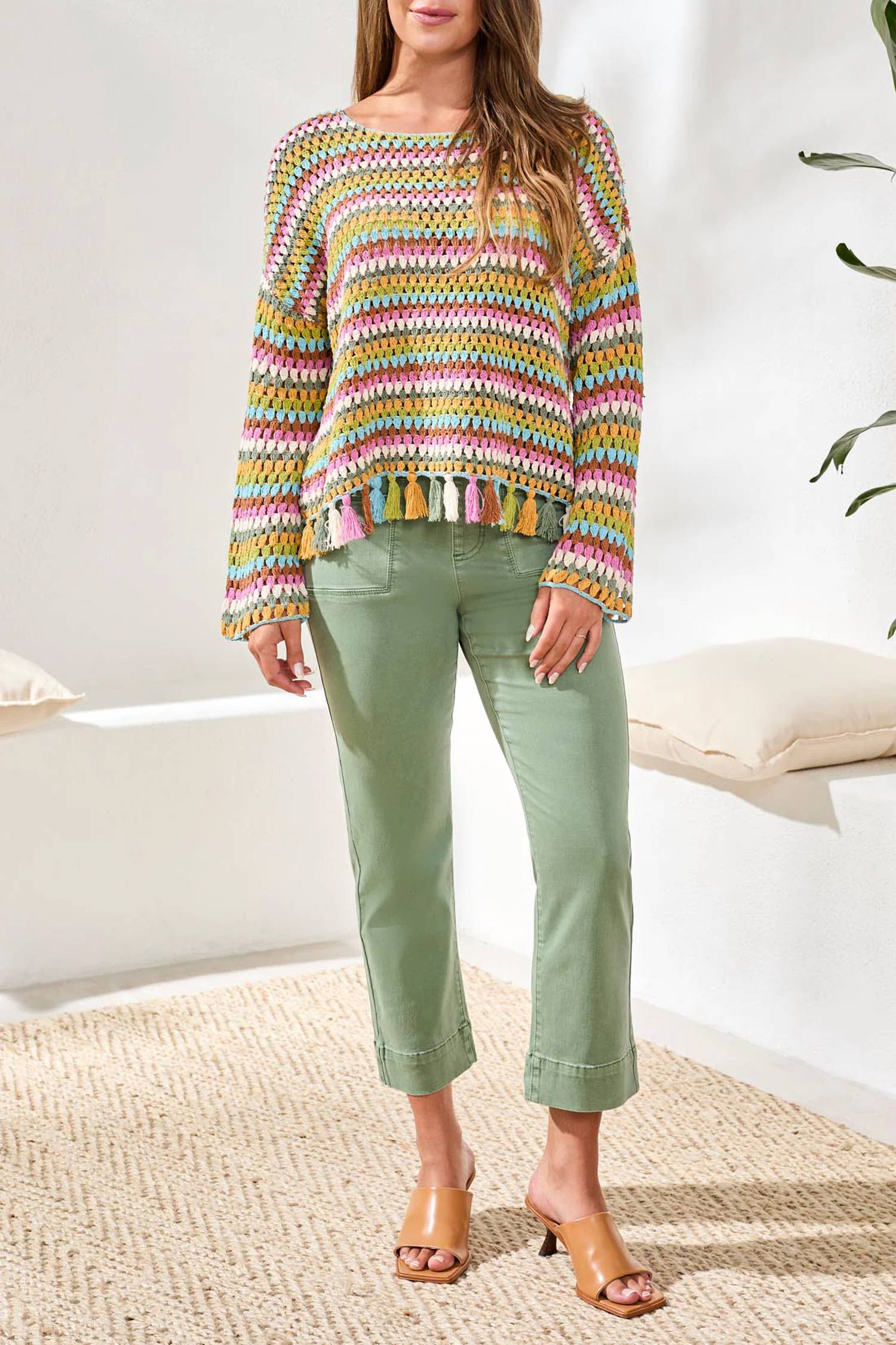 Tribal - Crochet Bell Sleeve Sweater With Tassels