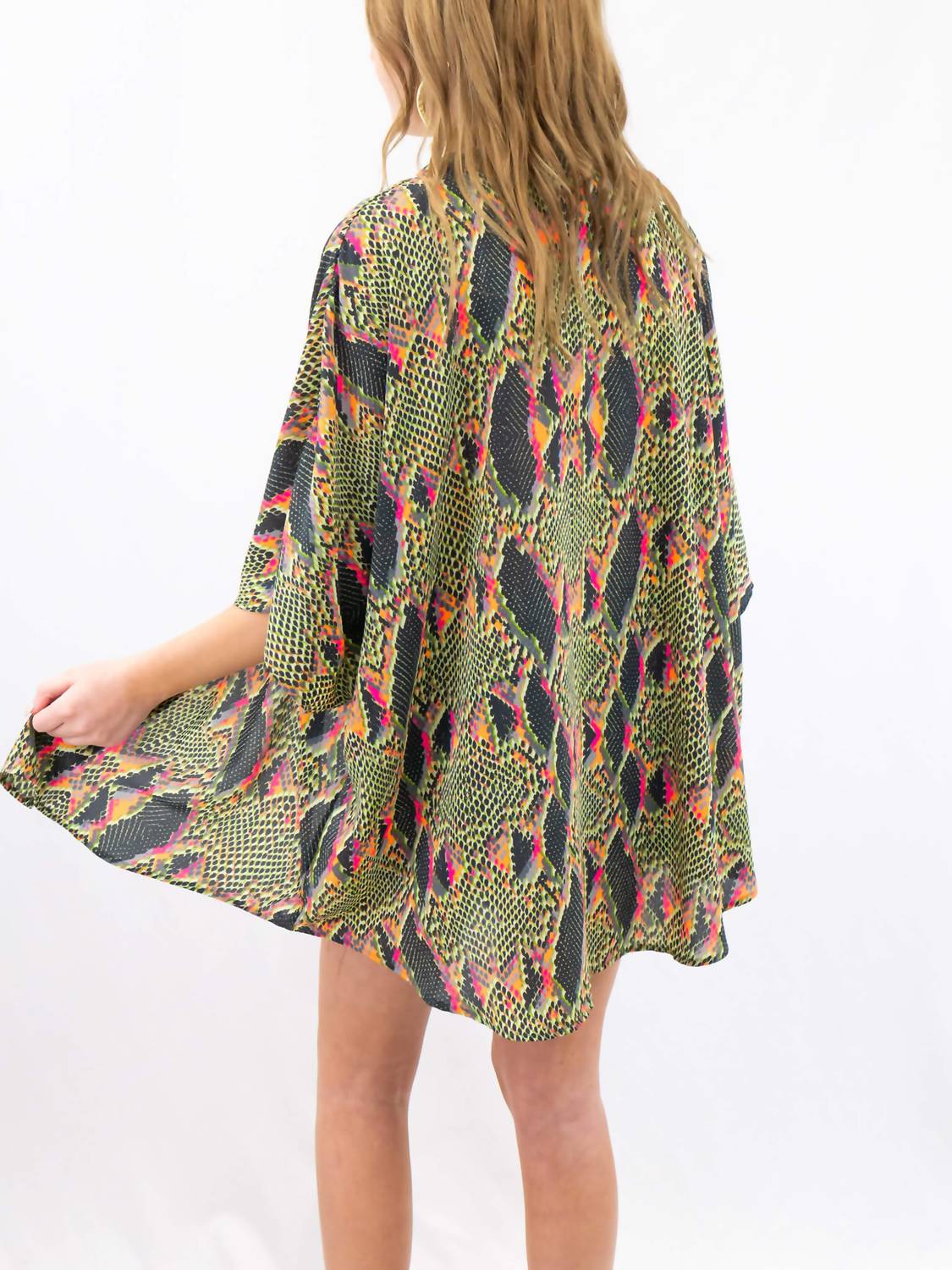 ADRIENNE Snake Print Neon Kimono in green - women's cardigan - alternate view