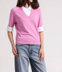 Minnie Rose - Cotton Cashmere Short Sleeve Vneck Collar Shirt