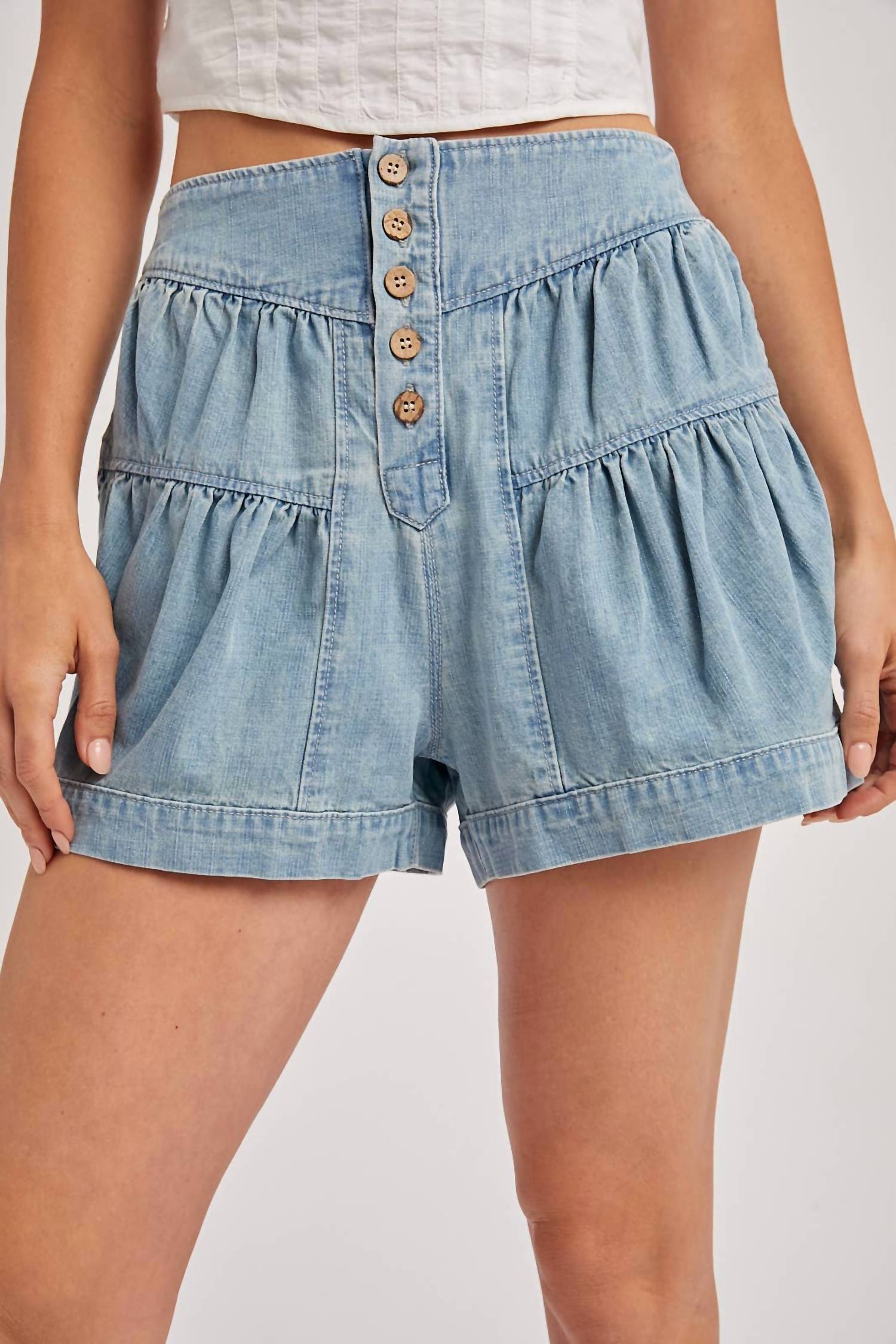 Bluivy - Fluer Pleated Denim Shorts With Pockets