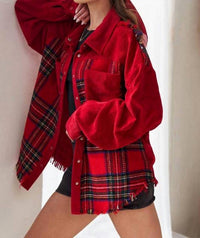 Jade By Jane - Frayed Corduroy Plaid Collared Jacket
