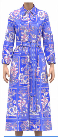 Celina Moon - Long Sleeve Floral Stamp Print Shirt Dress