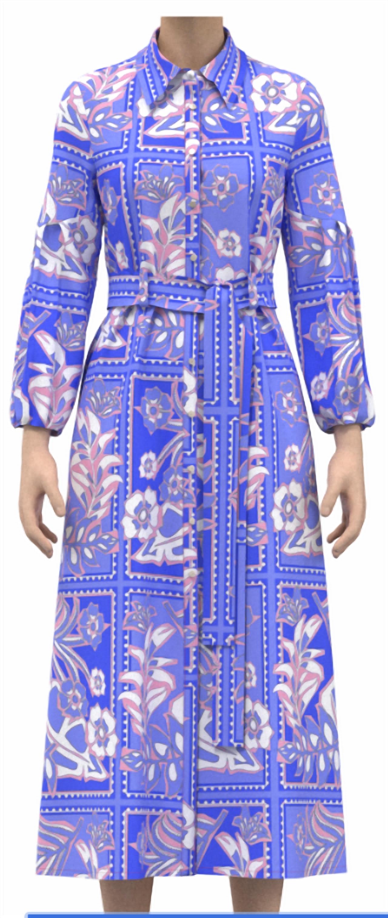 Celina Moon - Long Sleeve Floral Stamp Print Shirt Dress
